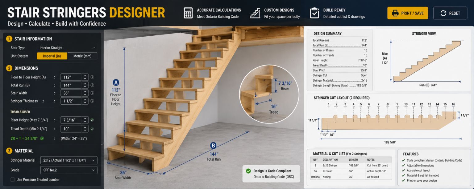 Stair Stringer Calculator Ontario: Rise, Run & Cut Layout